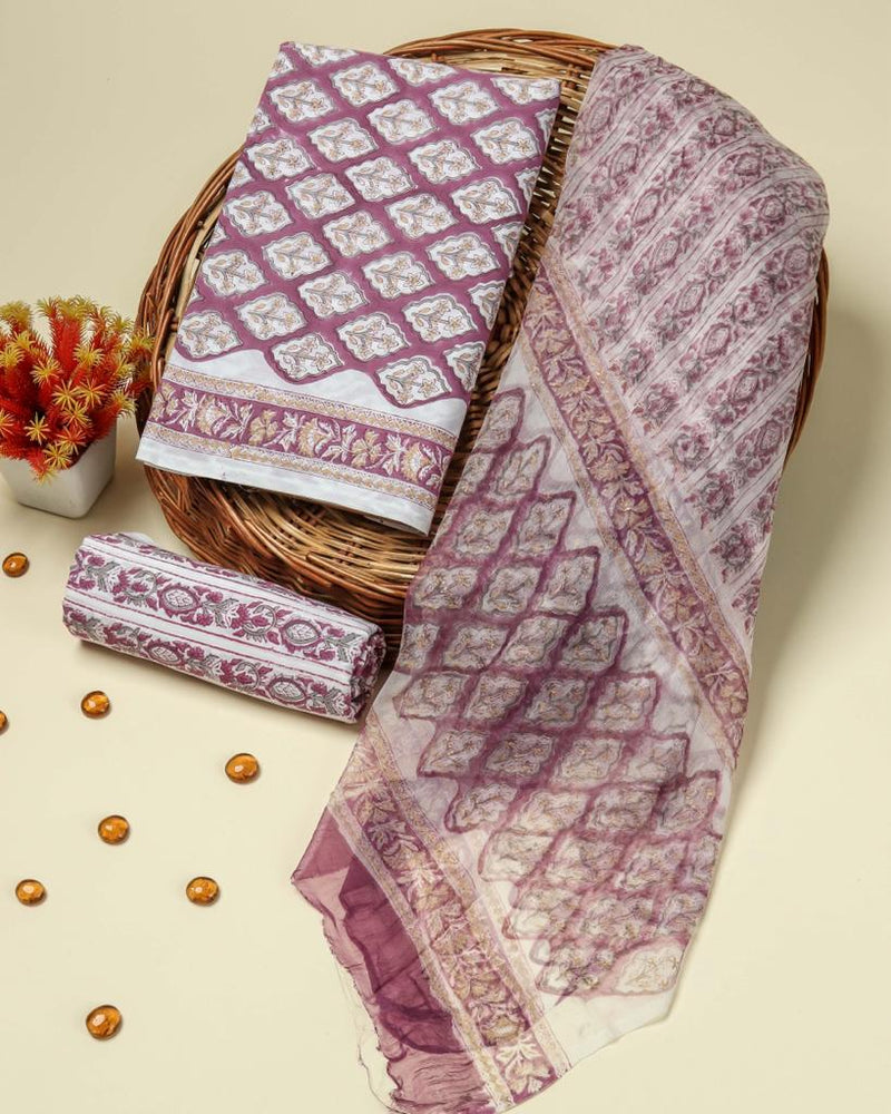 Shop block print cotton suit sets with chiffon dupatta (PCHF117)