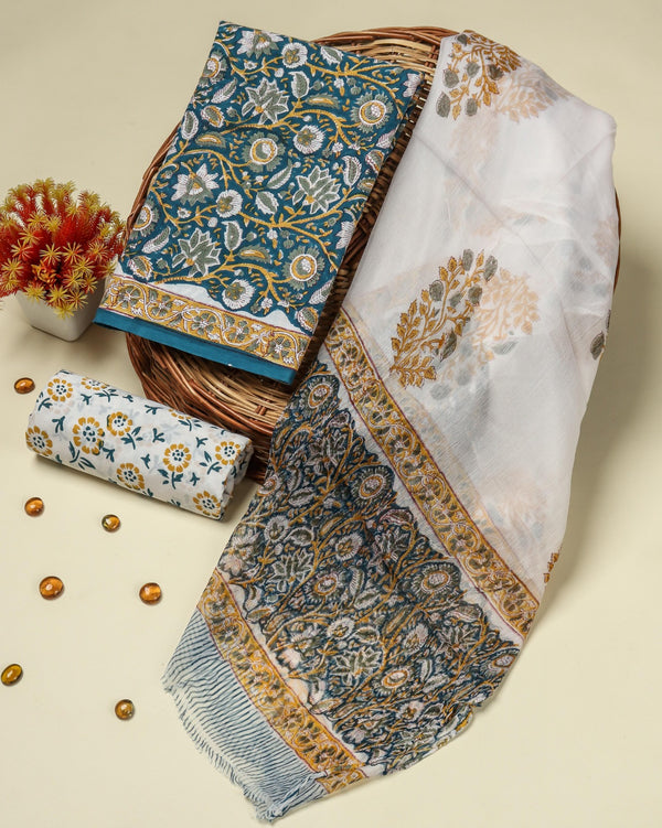 Shop block print cotton suits with chiffon dupatta (PCHF124)