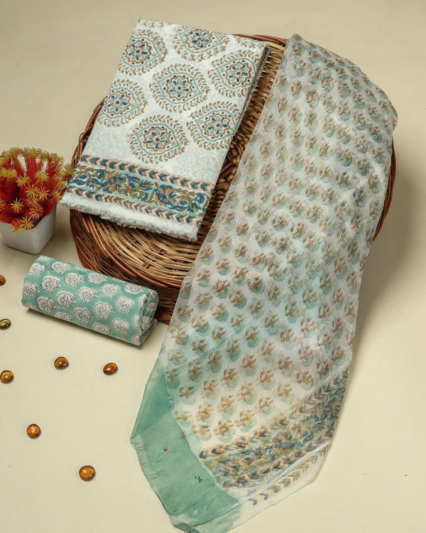 Shop traditional hand block print cotton suits with chiffon dupatta (PCHF134)