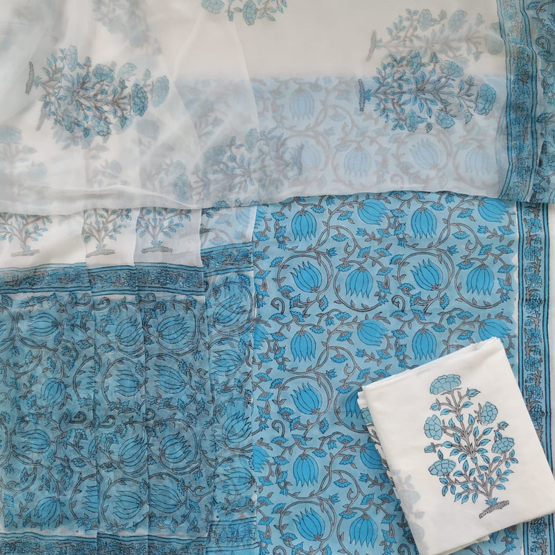 Shop Unstitched Hand Block Print Pure Cotton Suits with Chiffon Dupatta (PCHF140)