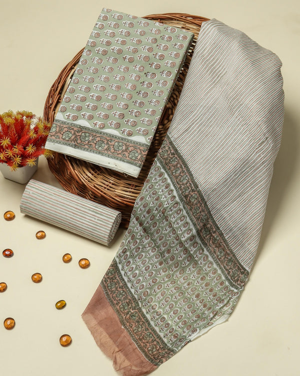 Shop block printed cotton suits with chiffon dupatta (PCHF149)