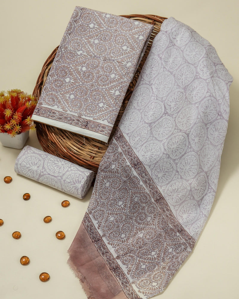 Shop hand block print cotton suit set with chiffon dupatta (PCHF158)