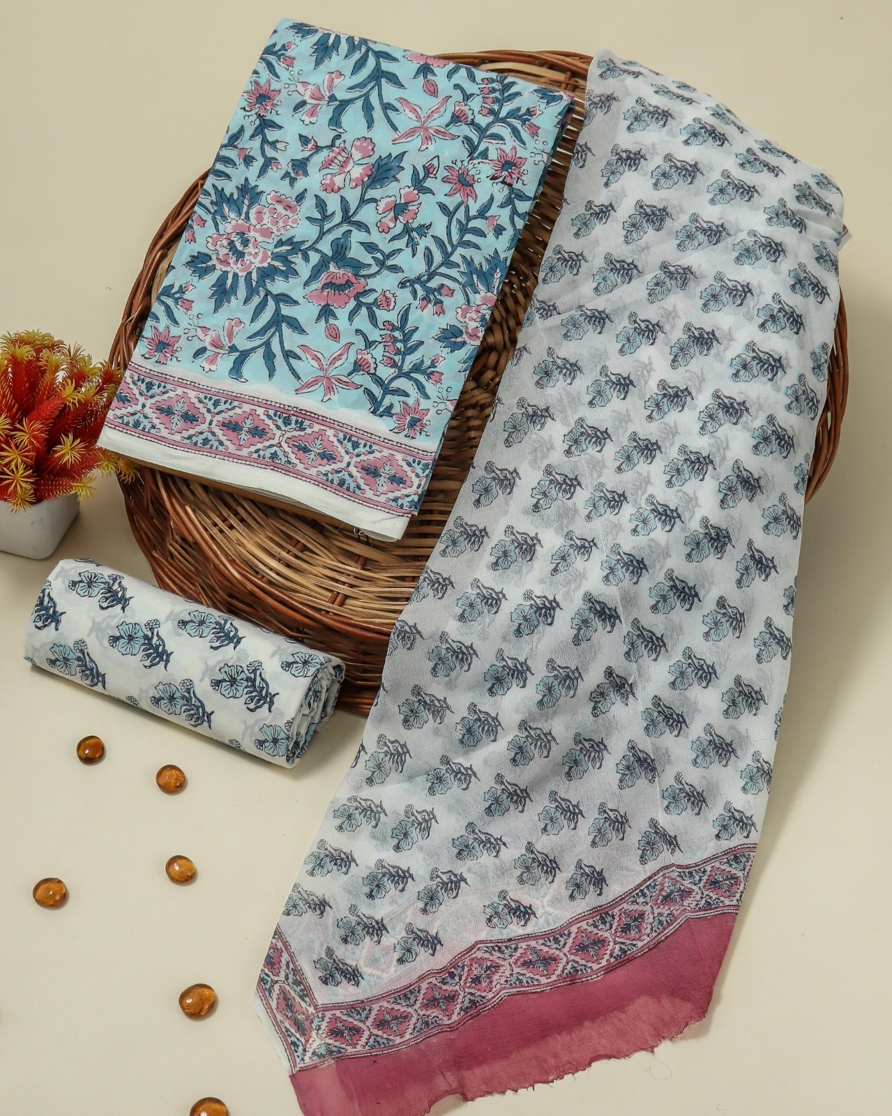 Shop unstitched hand block print cotton suits with chiffon dupatta (PCHF161)