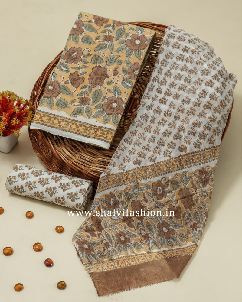 Shop block printed chiffon dupatta cotton suits online (PCHF169)