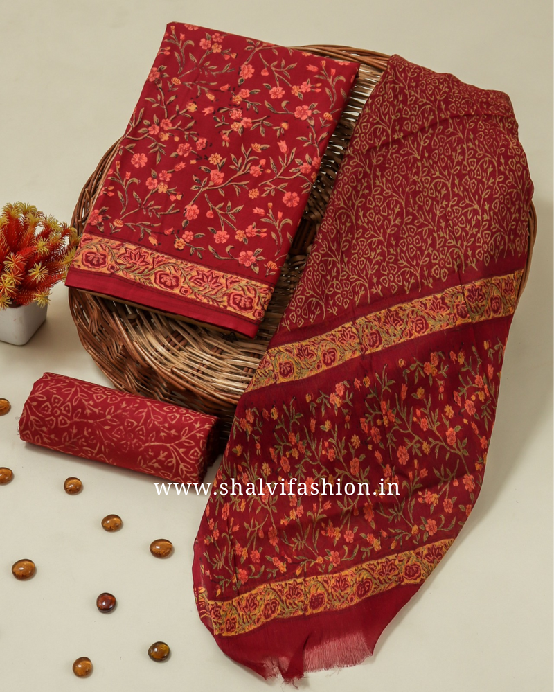 Shop unstitched cotton suit sets with chiffon dupatta in jaipur (PCHF178)
