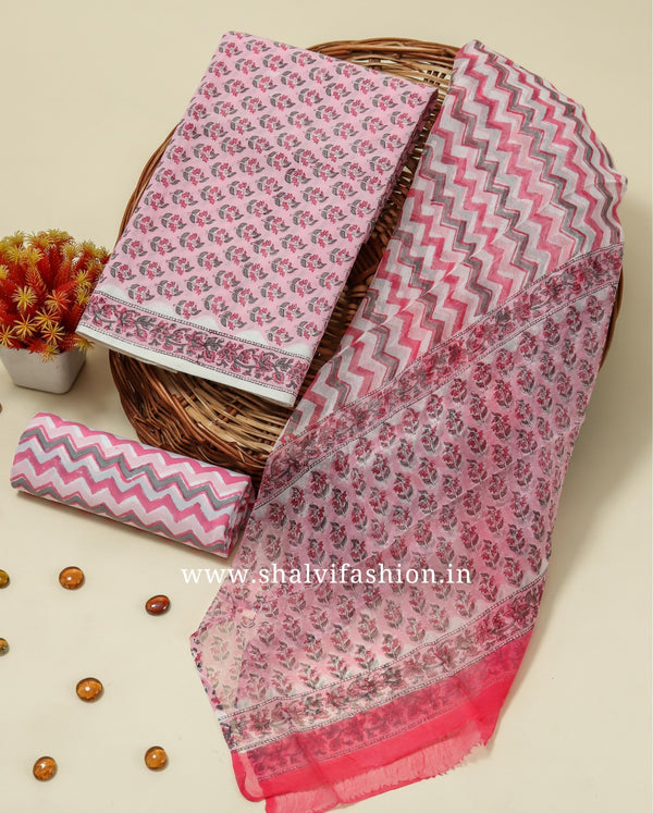 Shop hand block printed cotton suits with chiffon dupatta (PCHF181)