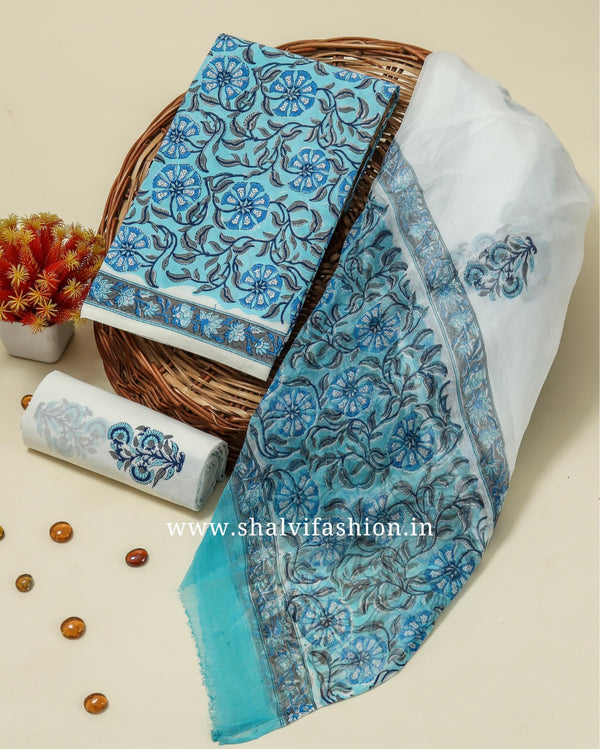 Shop blue jaal print cotton suits with chiffon dupatta (PCHF184)