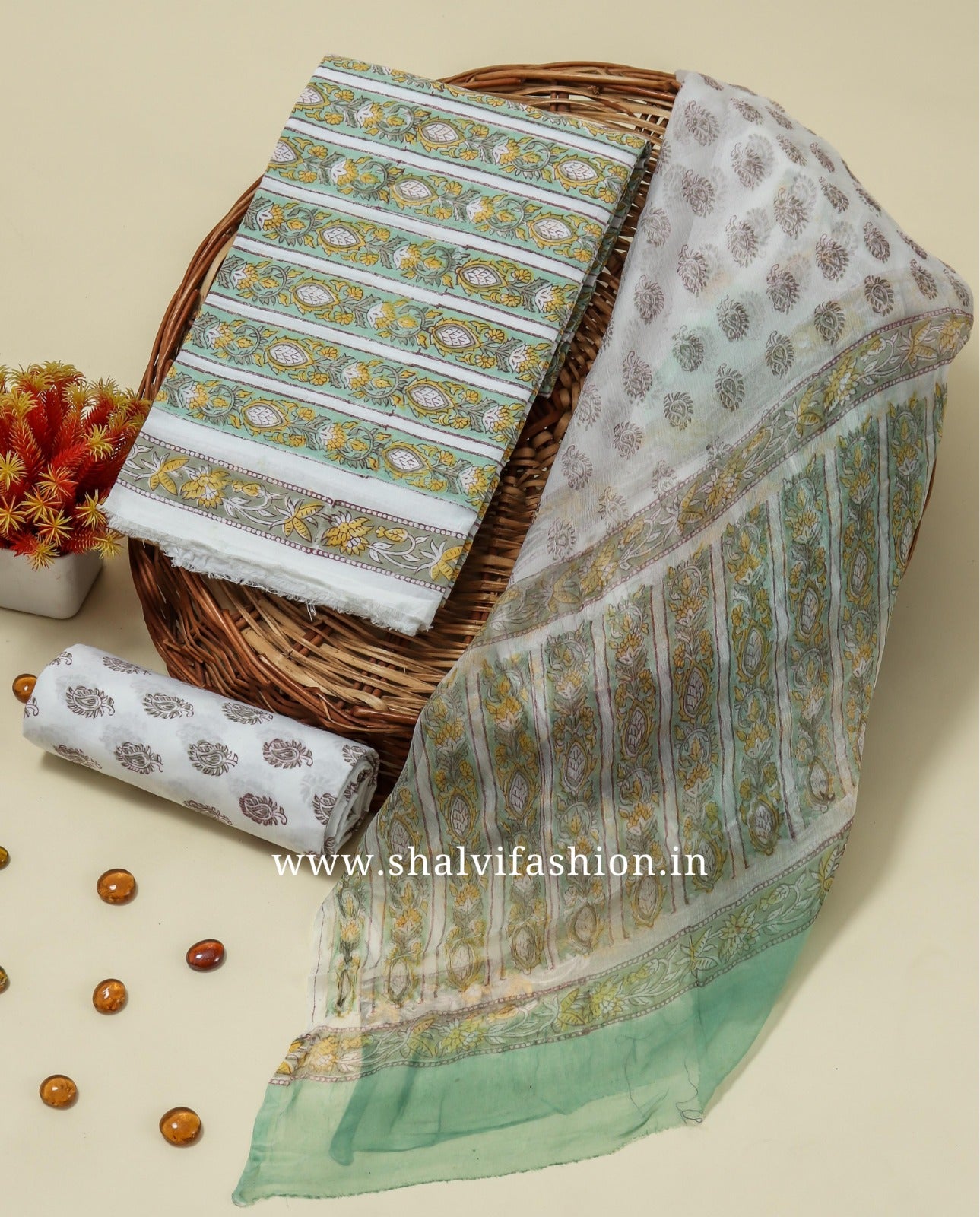Shop block print chiffon dupatta cotton suits online (PCHF186)