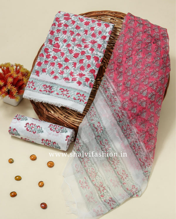 Shop hand block printed cotton suits with chiffon dupatta (PCHF193)