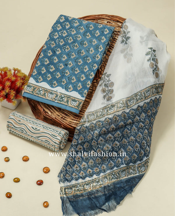 Shop block printed cotton suits with chiffon dupatta (PCHF194)