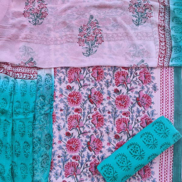 Shop Unstitched Hand Block Print Pure Cotton Suits with Chiffon Dupatta (PCHF199)