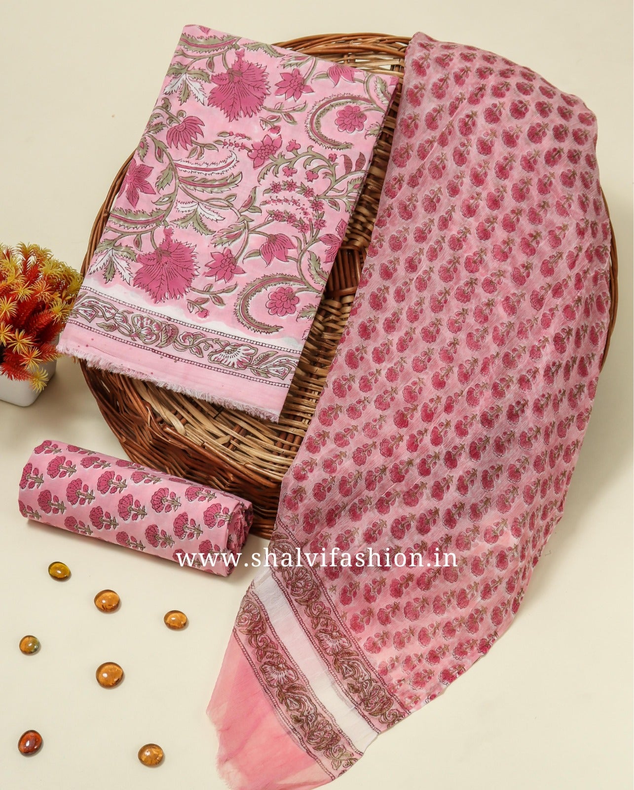 Shop traditional block print cotton suits with chiffon dupatta (PCHF200)