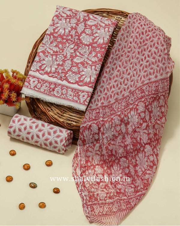 Shop block print cotton suits with chiffon dupatta (PCHF203)