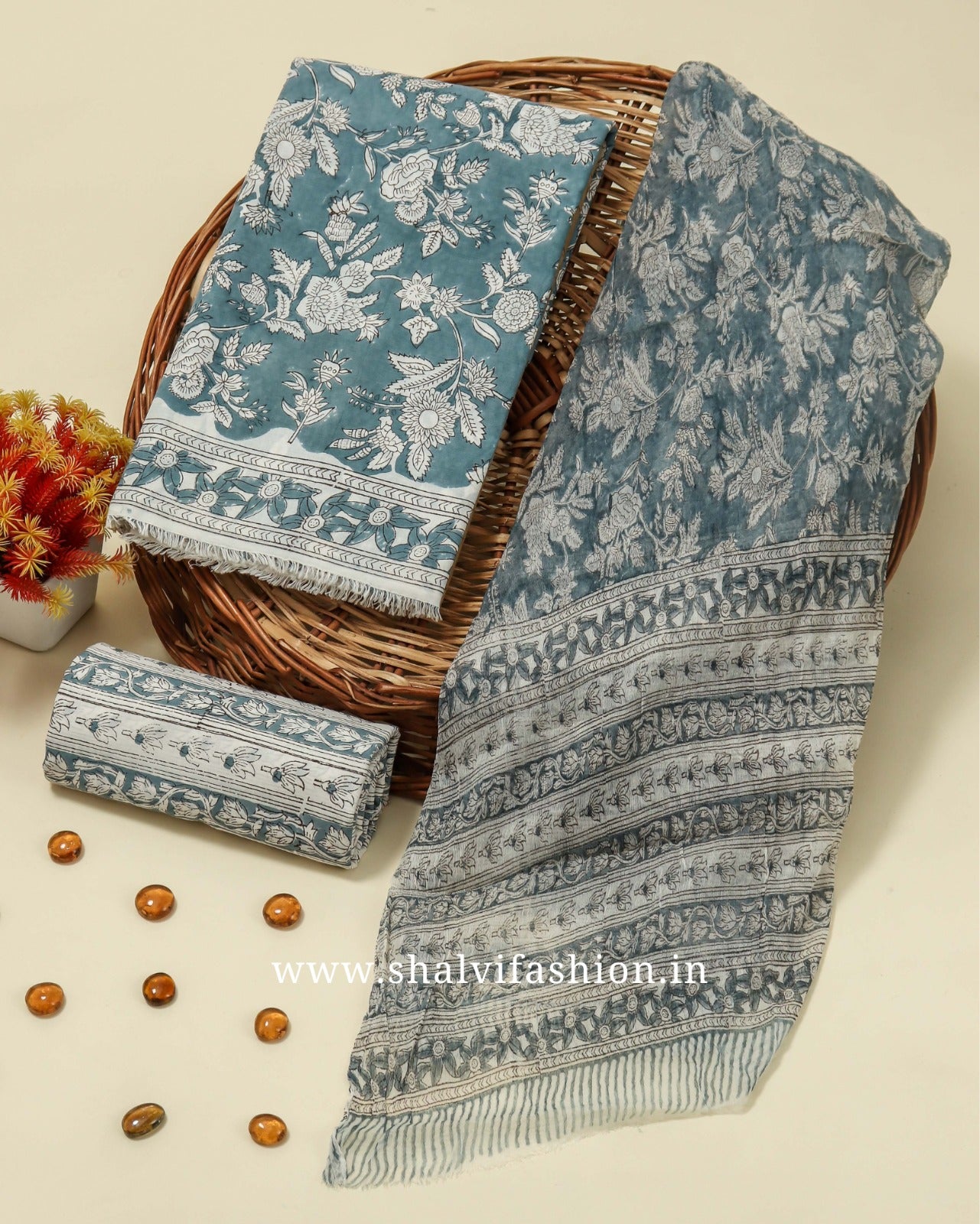 Shop blue jaal print cotton suits with chiffon dupatta (PCHF204)