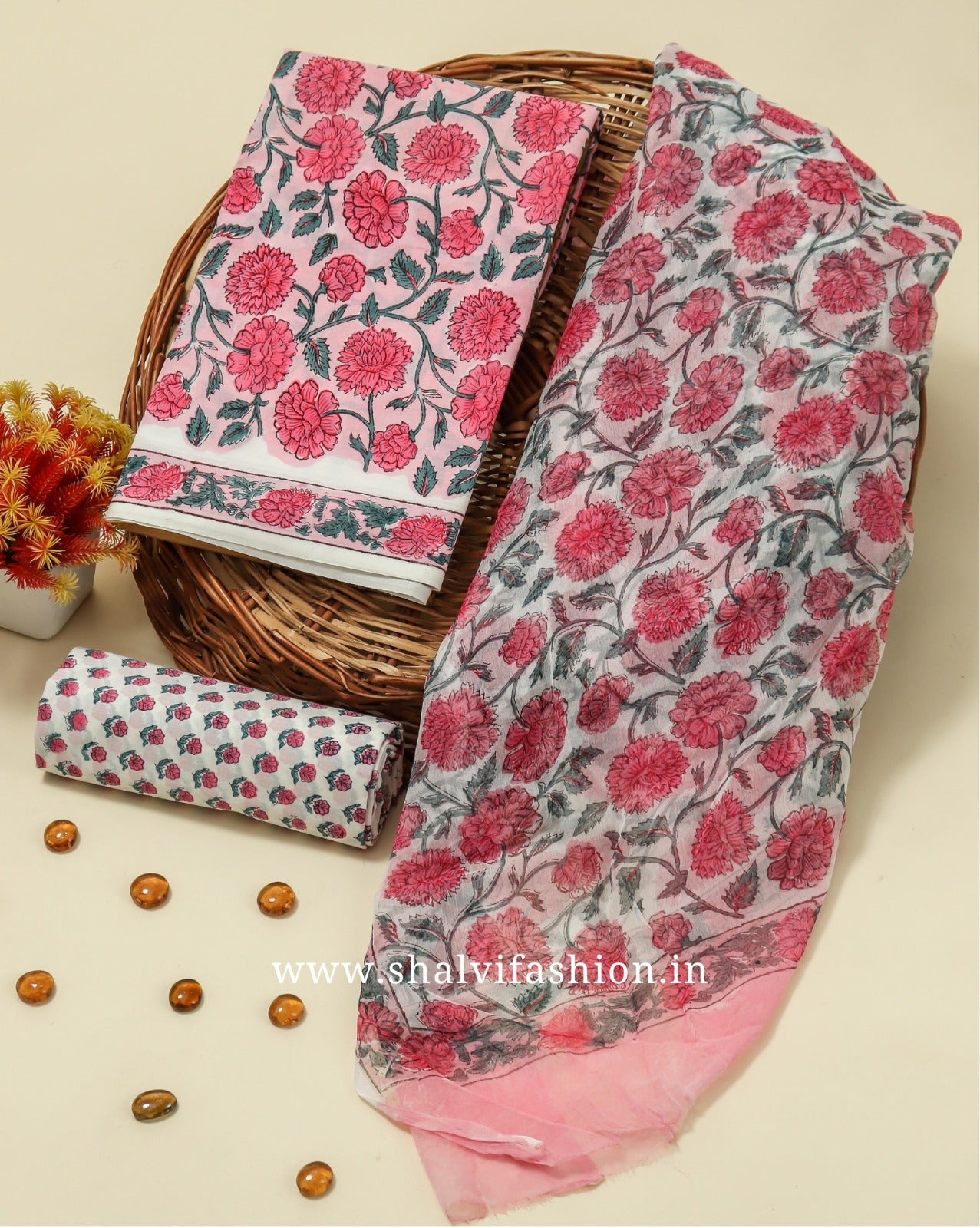 Shop block print chiffon dupatta cotton suits online (PCHF206)