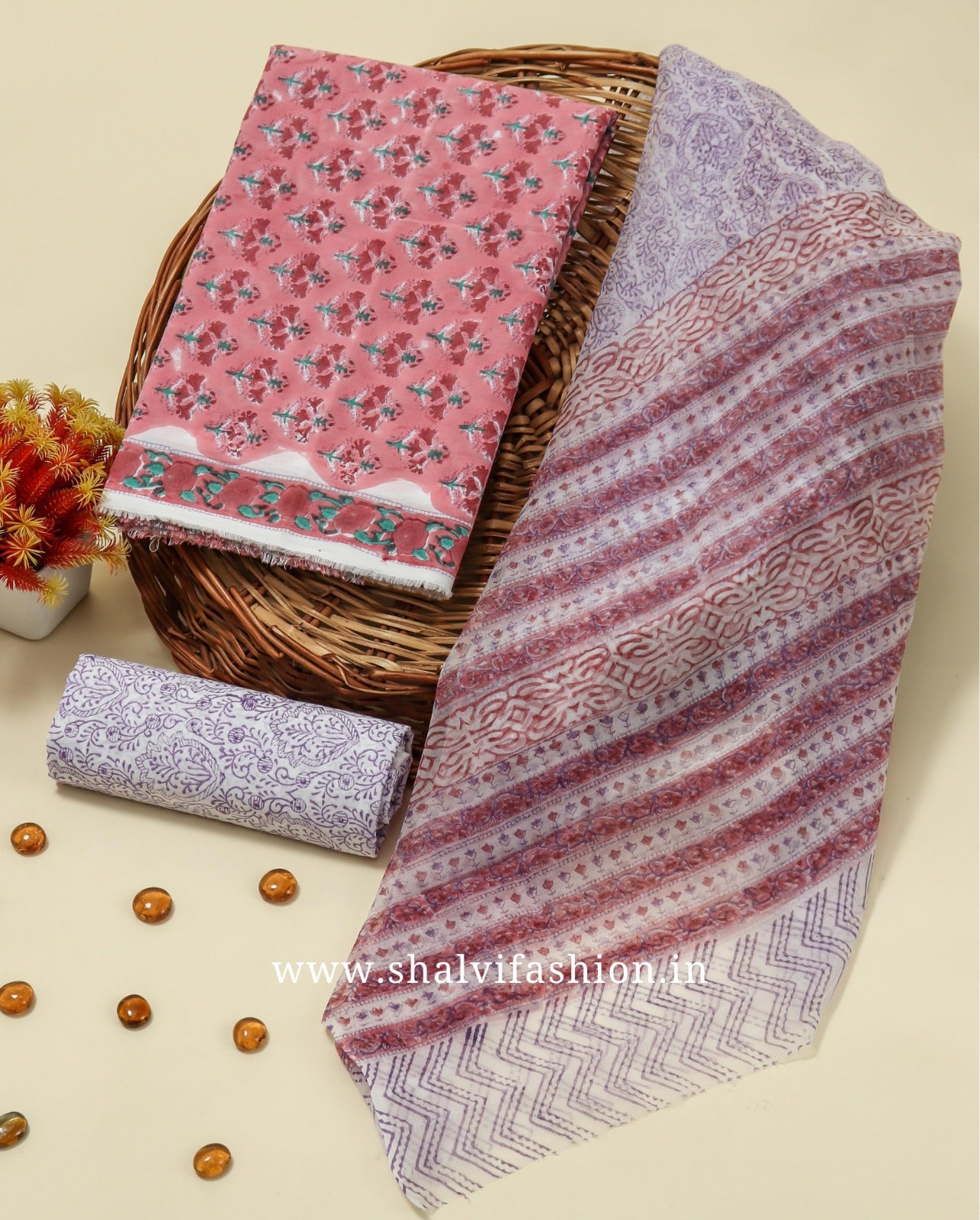 Shop block printed chiffon dupatta cotton suits in jaipur (PCHF207)