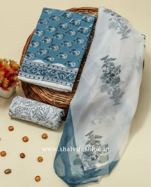 Shop jaipuri print cotton suits with chiffon dupatta (PCHF210)