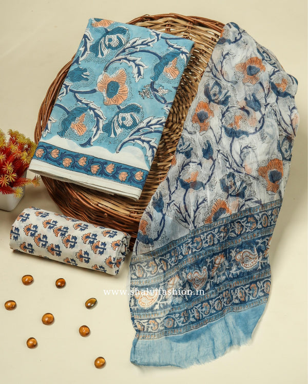 Shop unstitched block print cotton suits with chiffon dupatta (PCHF265)