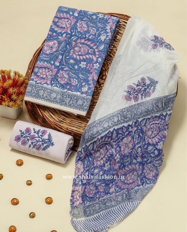 Shop blue jaal print cotton suits with chiffon dupatta (PCHF281)