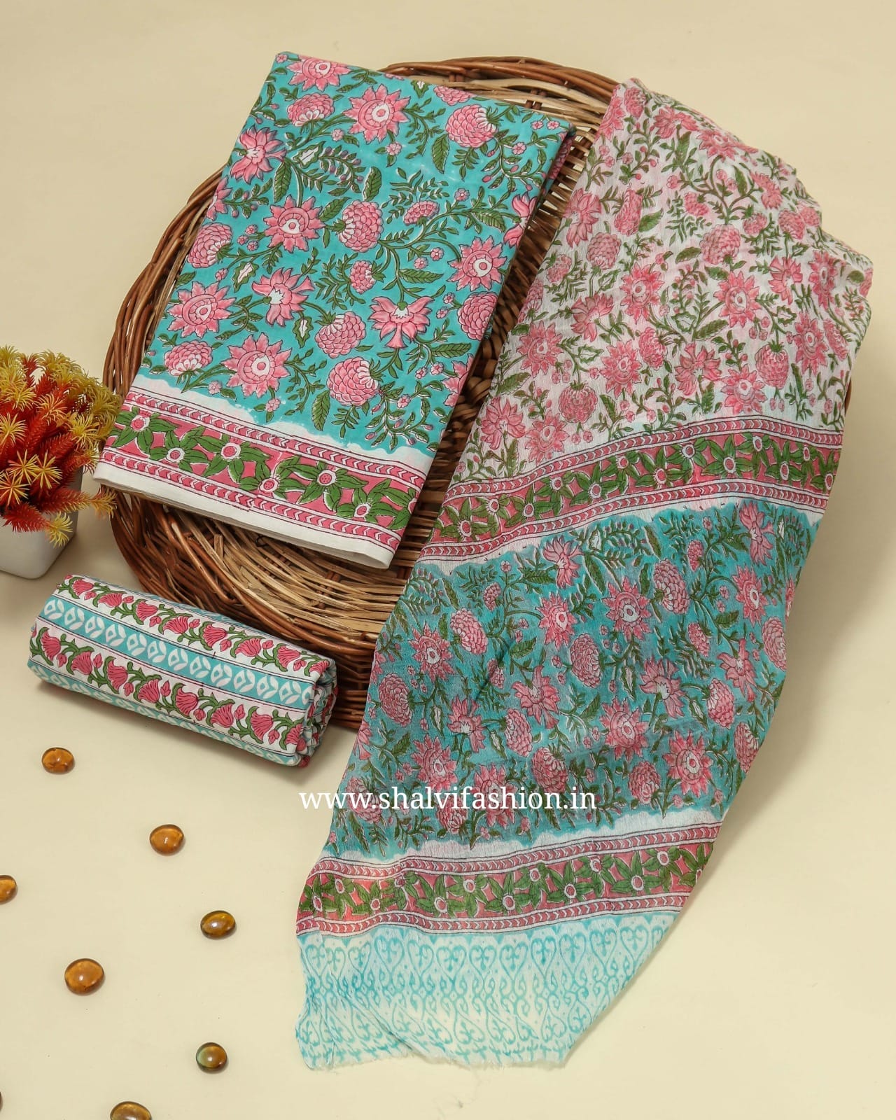 Shop hand block printed cotton suits with chiffon dupatta (PCHF282)