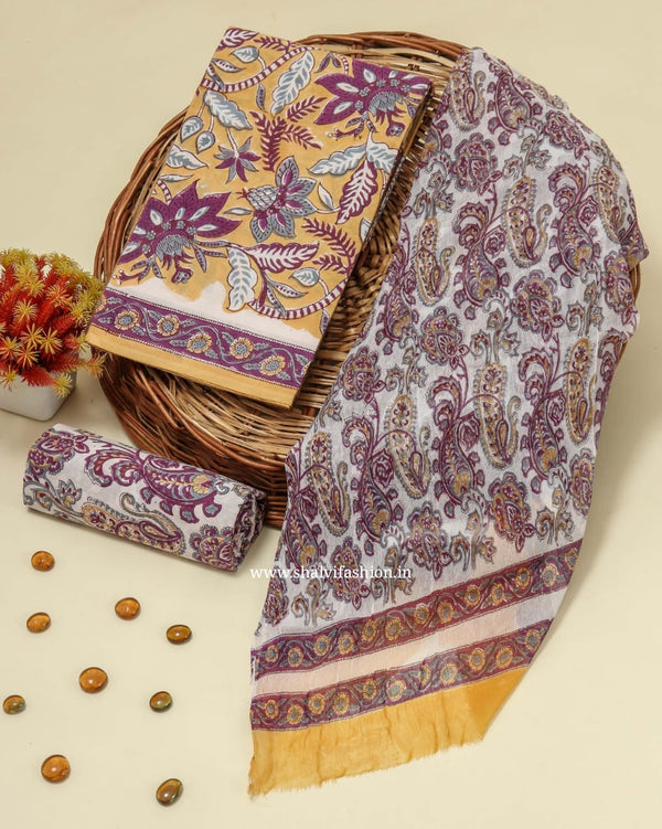 Shop block print cotton suits with chiffon dupatta in jaipur (PCHF289)
