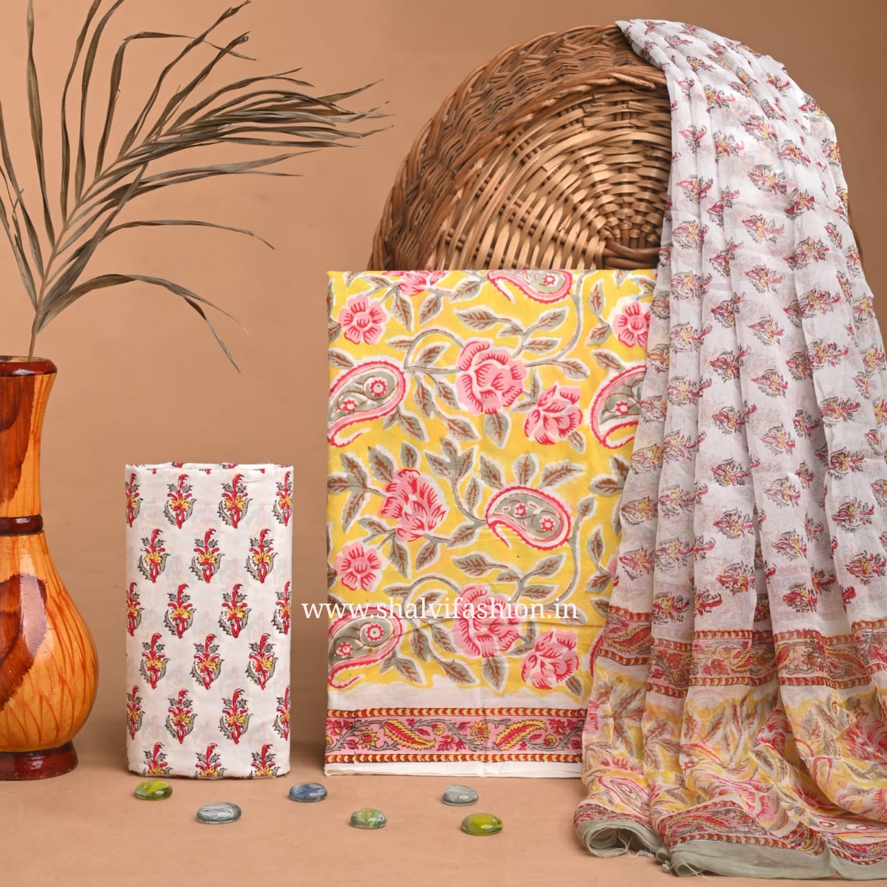 Shop hand block print cotton suits with chiffon dupatta (PCHF331)