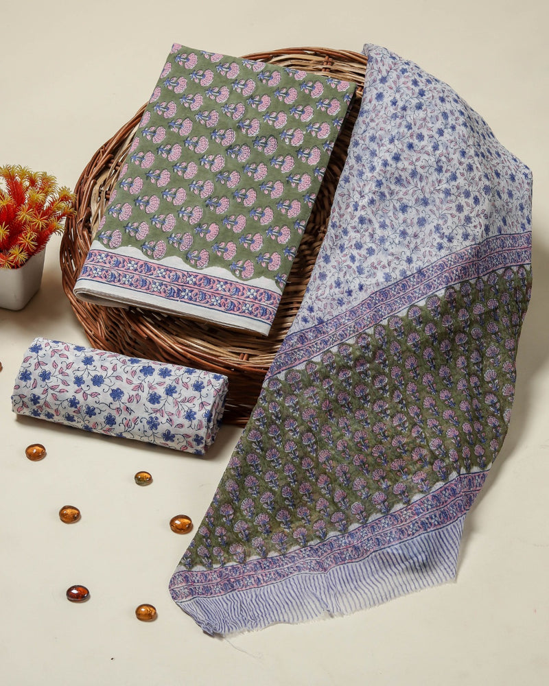 Shop unstitched cotton suit sets with chiffon dupatta (PCHF504)