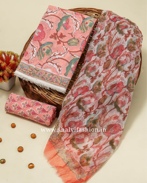 Shop hand block printed cotton suits with chiffon dupatta (PCHF505)