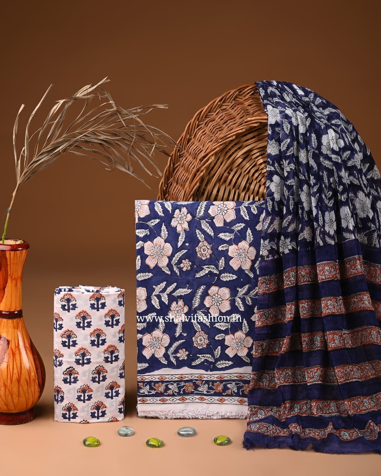 Shop hand block printed cotton suits with chiffon dupatta (PCHF533)