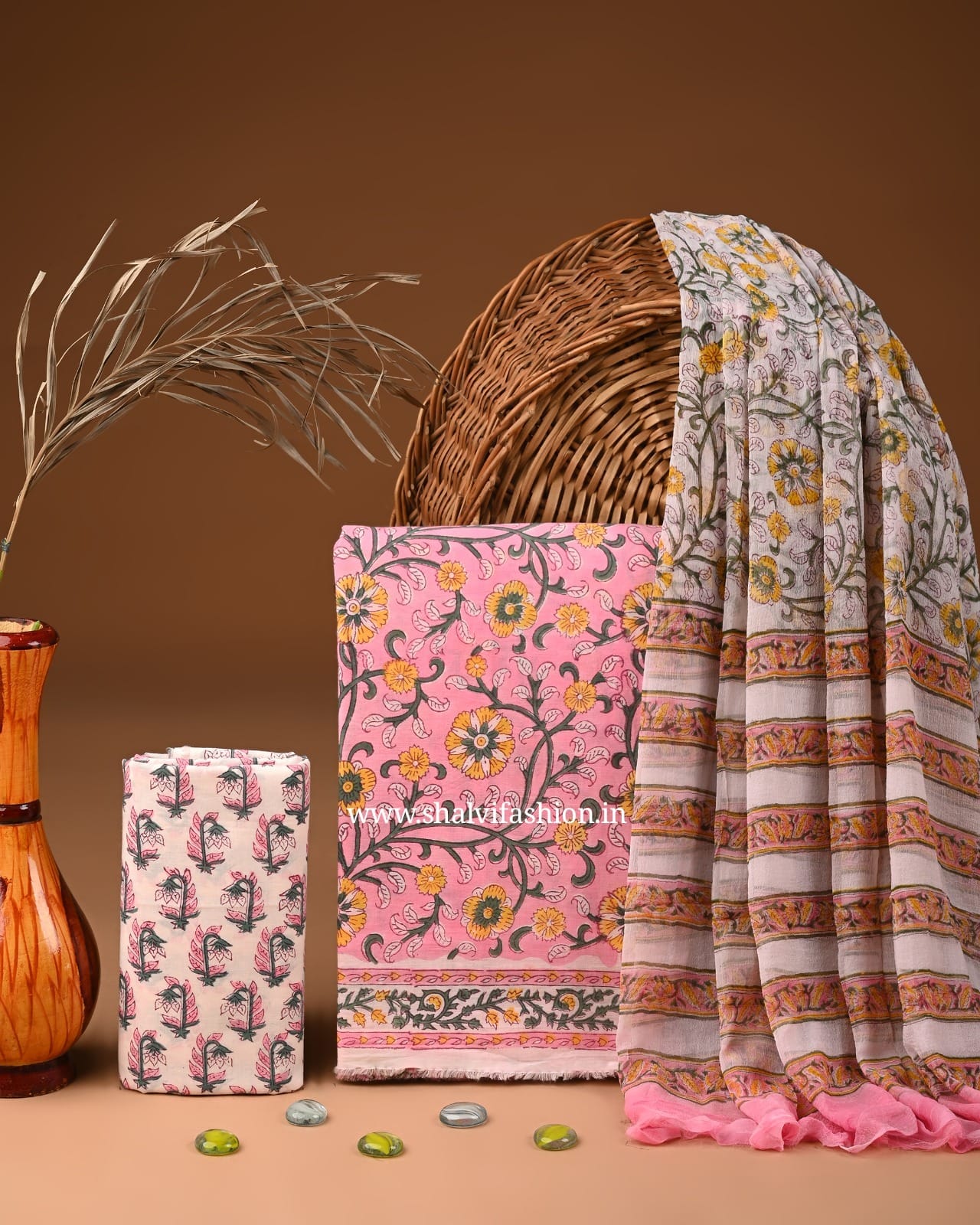 Shop block printed pure cotton suits with chiffon dupatta (PCHF534)