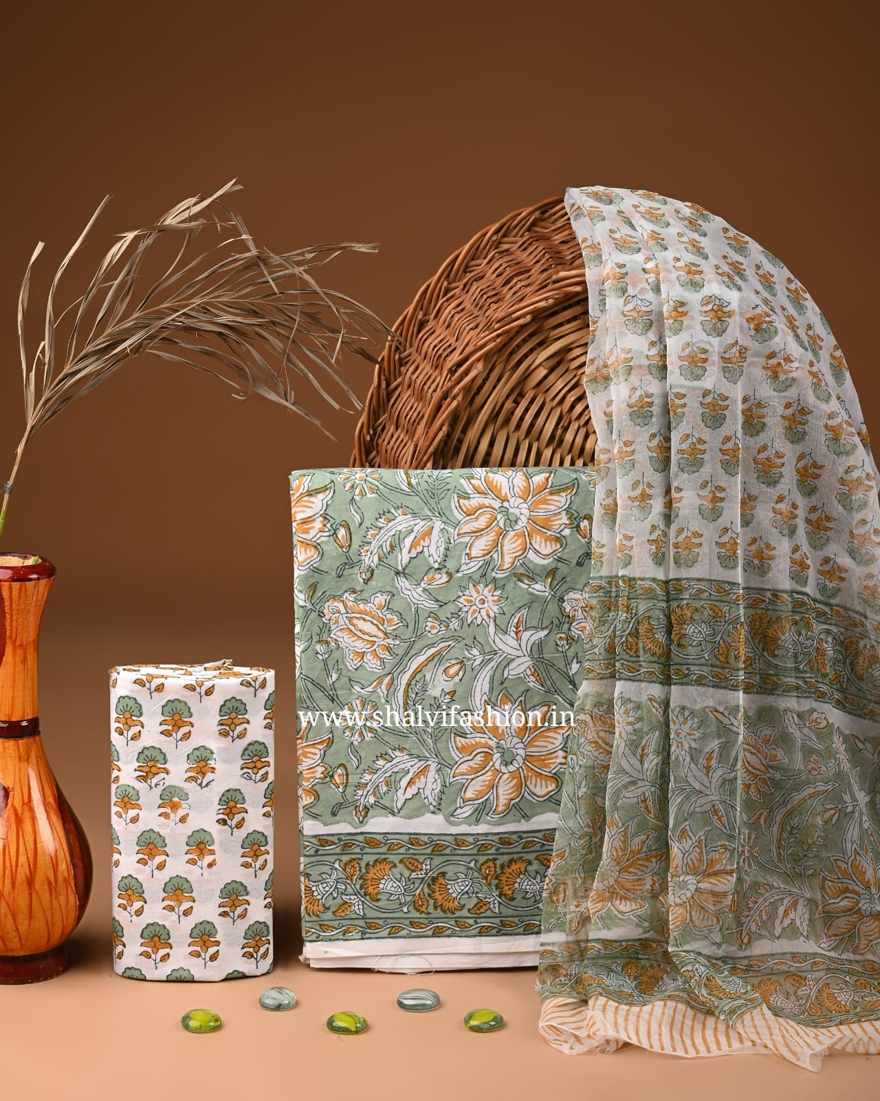 Shop unstitched block print cotton suits with chiffon dupatta (PCHF540)