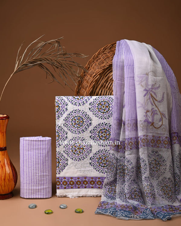 Shop block printed cotton suits with chiffon dupatta (PCHF549)