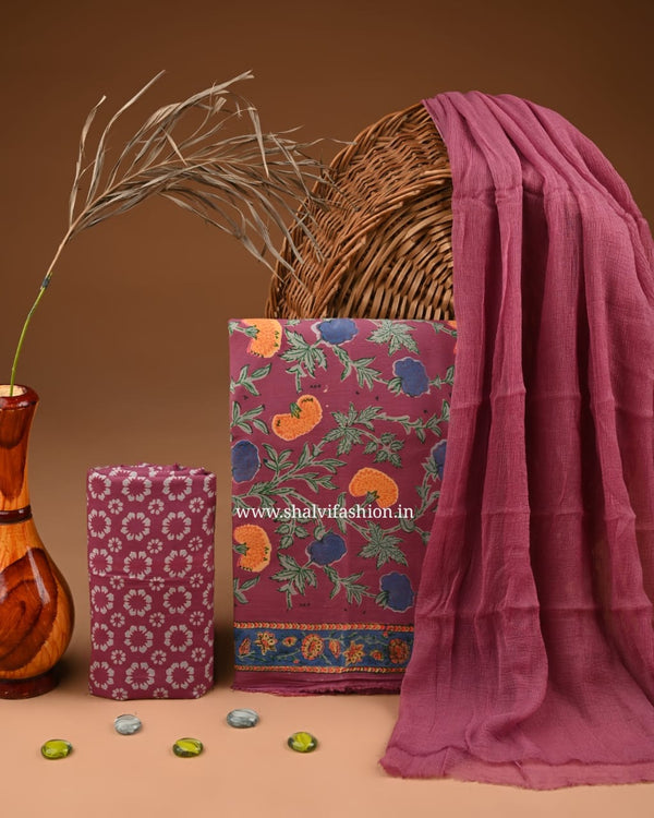 Shop unstitched block print cotton suits with chiffon dupatta (PCHF551)