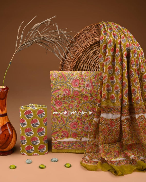 Shop block print chiffon dupatta cotton suits (PCHF554)