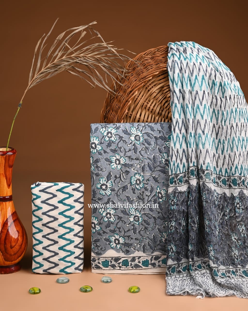 Shop unstitched block print cotton suits with chiffon dupatta (PCHF559)