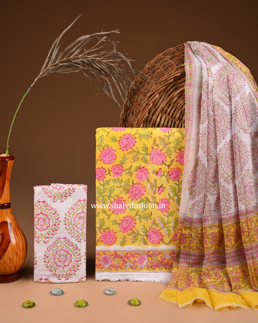 Shop block print cotton suits with chiffon dupatta (PCHF565)