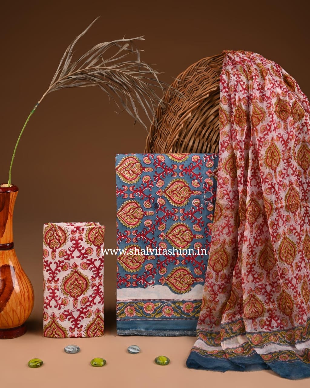 Shop block printed cotton suits with chiffon dupatta (PCHF569)