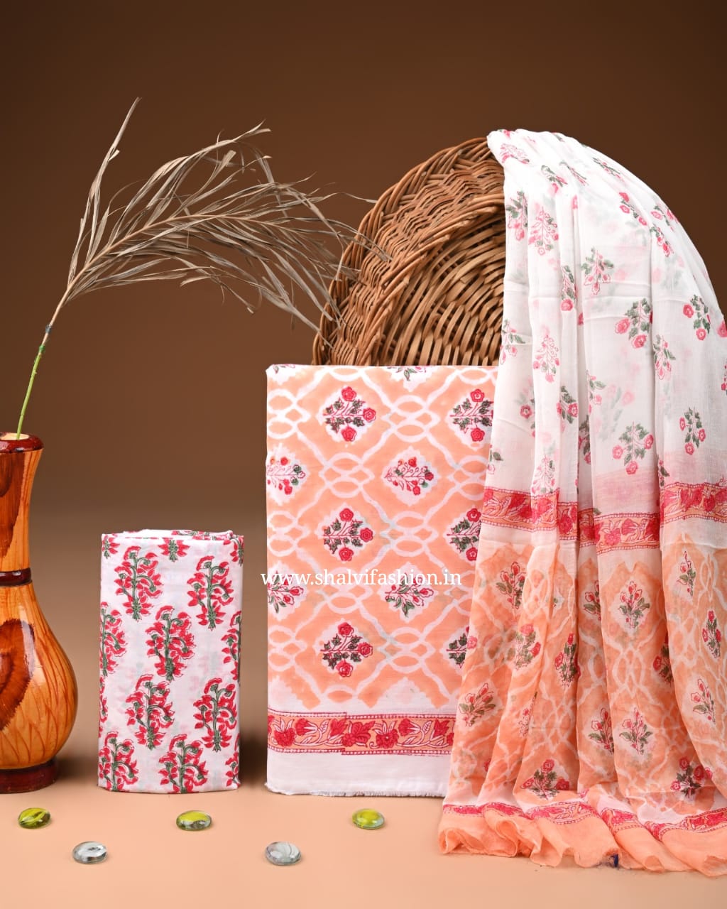 Shop block print cotton suits with chiffon dupatta (PCHF572)