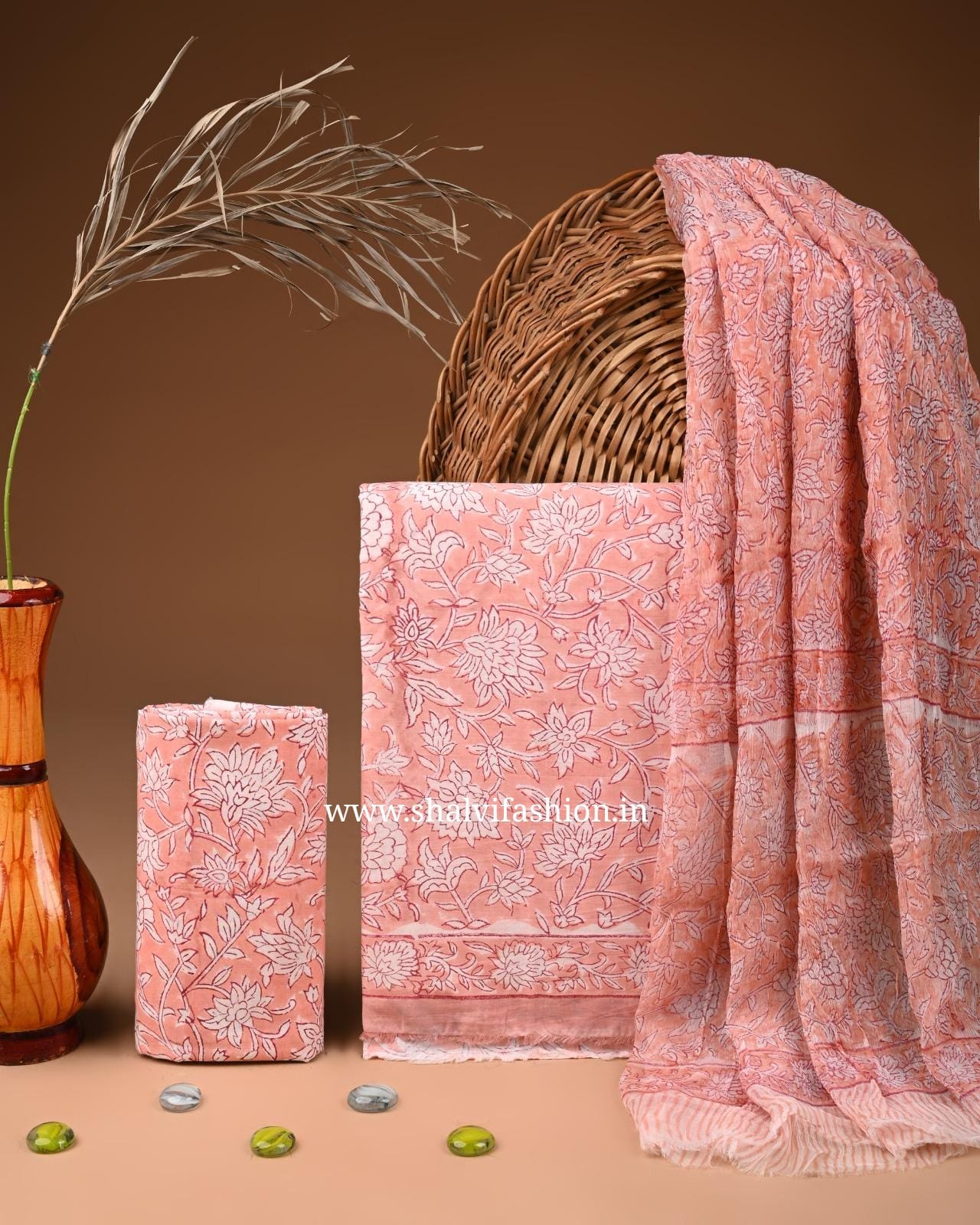 Shop block print cotton suit set with chiffon dupatta (PCHF585)