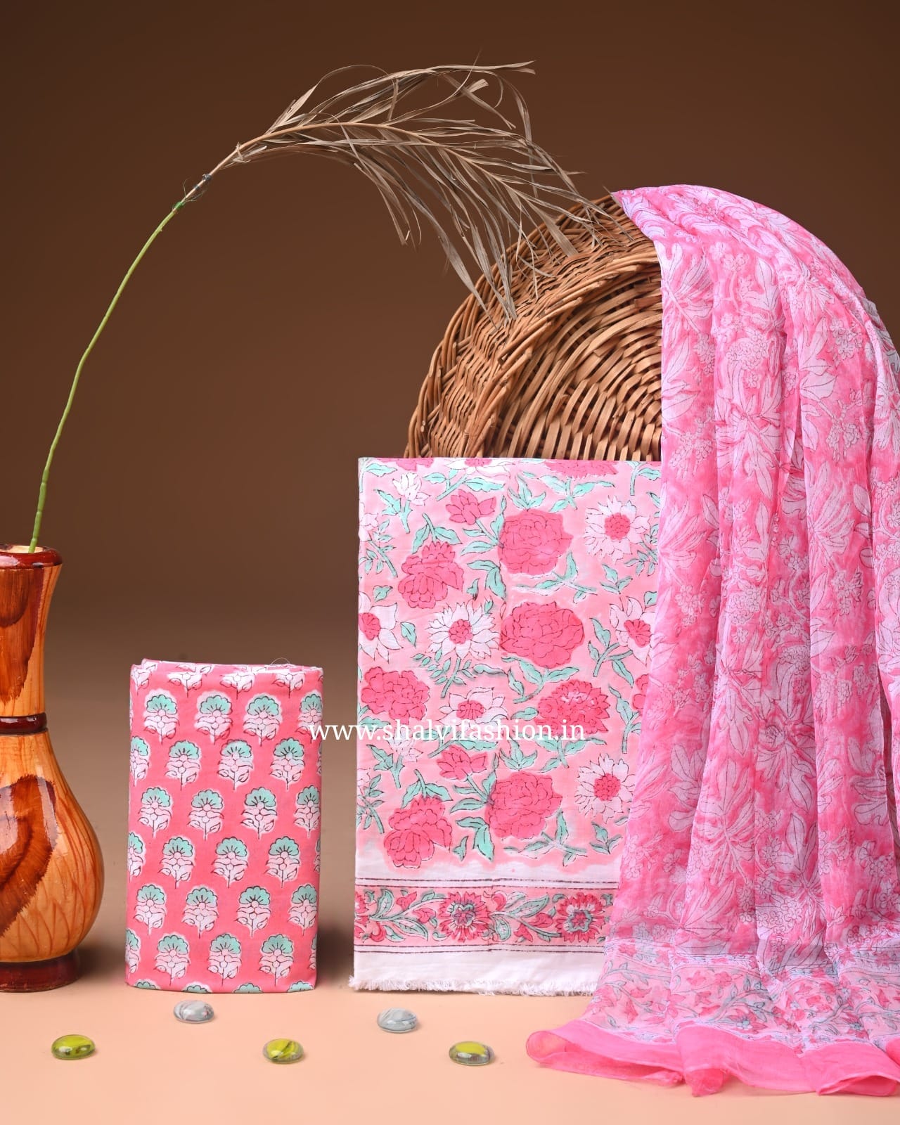 Shop block printed cotton suits with chiffon dupatta (PCHF590)