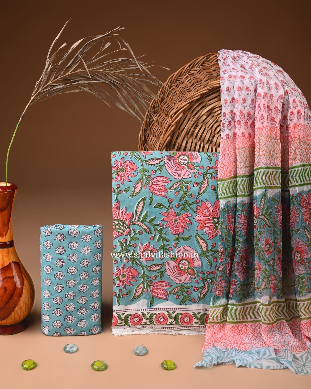 Shop block print cotton suits with chiffon dupatta (PCHF607)