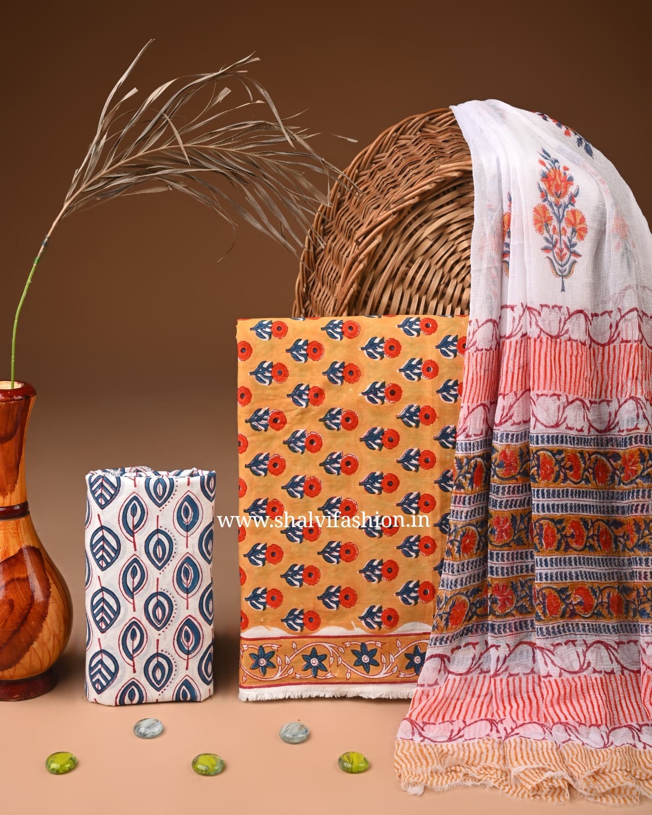 Shop block print chiffon dupatta cotton suits (PCHF610)