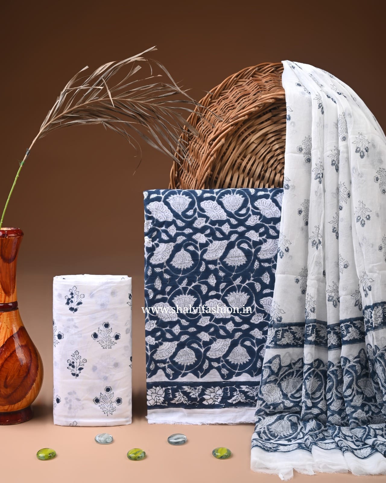 Shop block print cotton suits with chiffon dupatta (PCHF615)