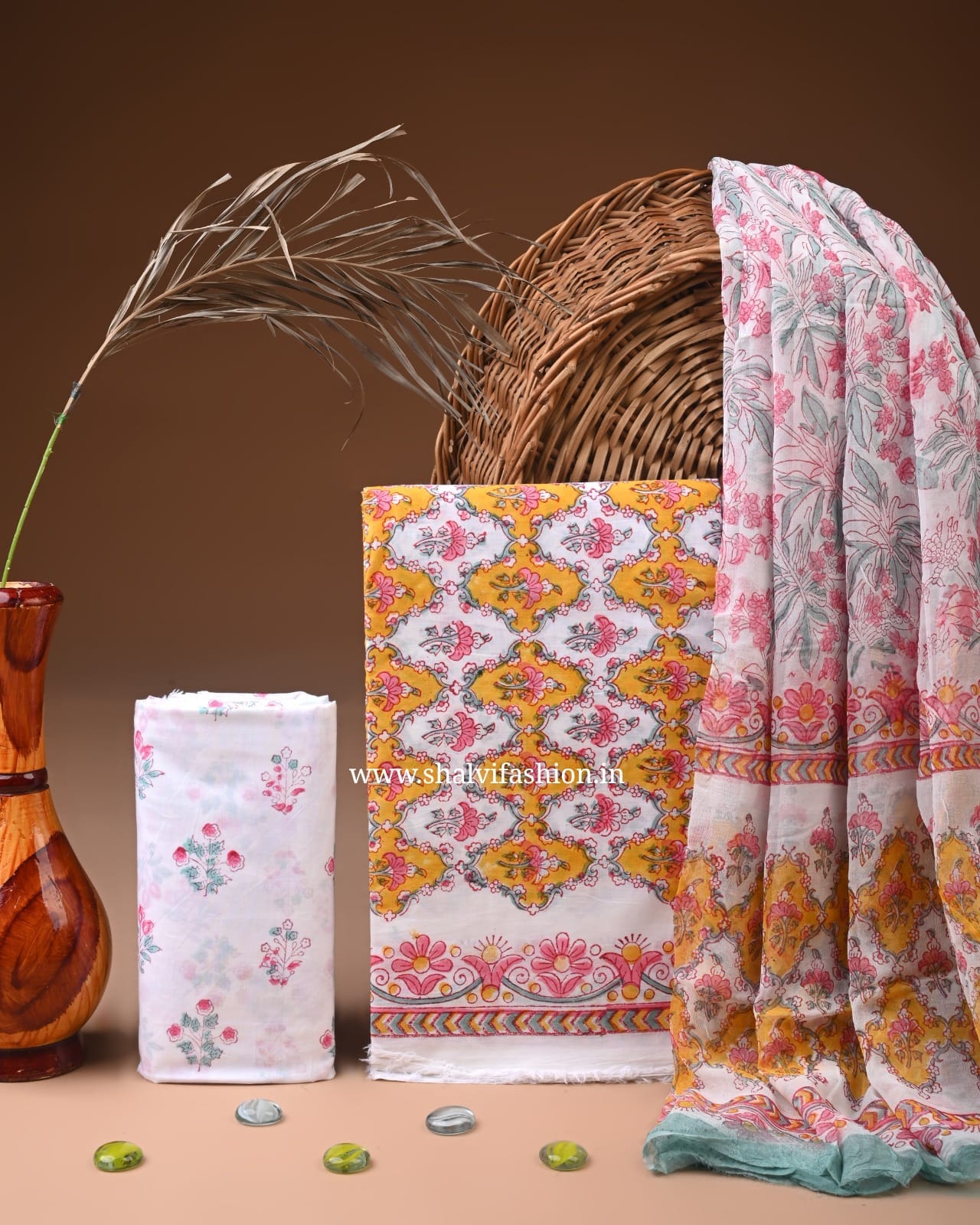 Shop unstitched block print cotton suits with chiffon dupatta (PCHF616)
