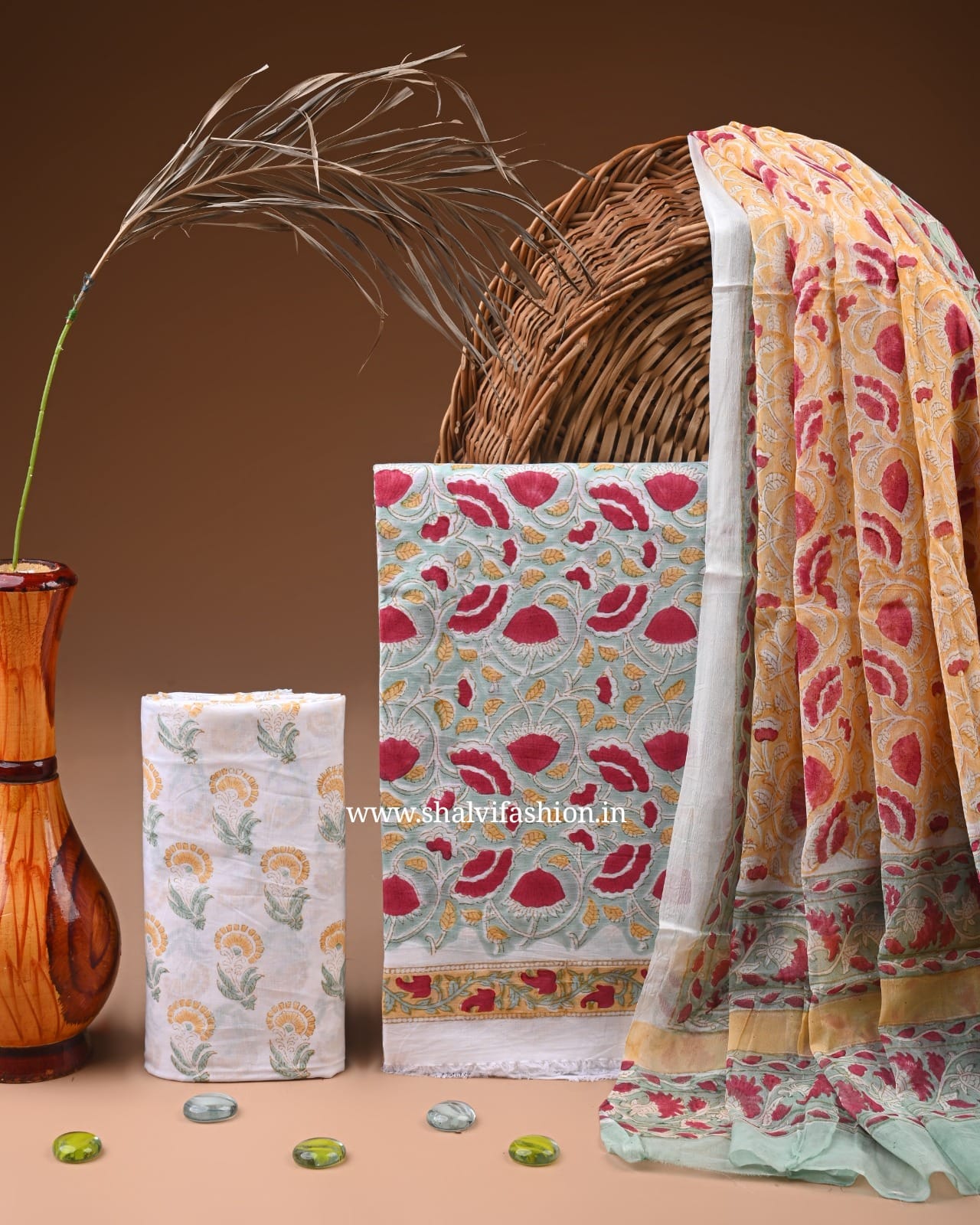 Shop block print cotton suits with chiffon dupatta (PCHF618)