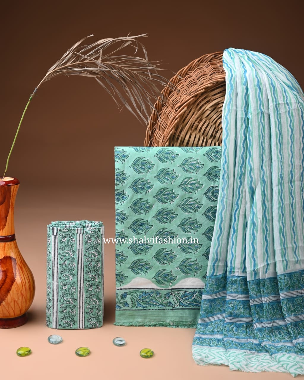 Shop block printed cotton suits with chiffon dupatta online (PCHF626)