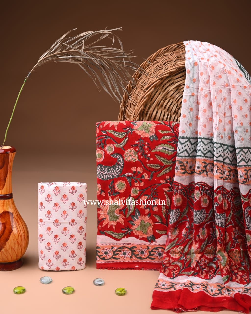 Shop unstitched block print cotton suits with chiffon dupatta (PCHF632)