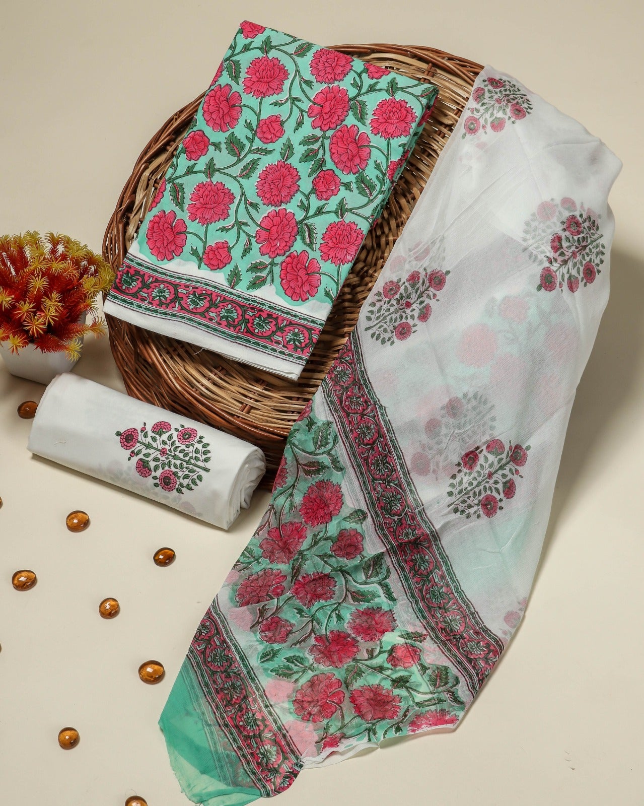 Shop chiffon dupatta block print cotton suits (PCHF66)