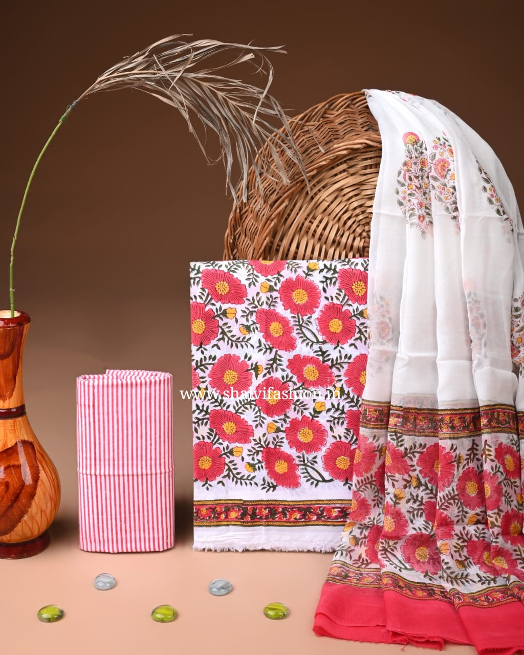Shop unstitched block print cotton suits with chiffon dupatta (PCHF660)