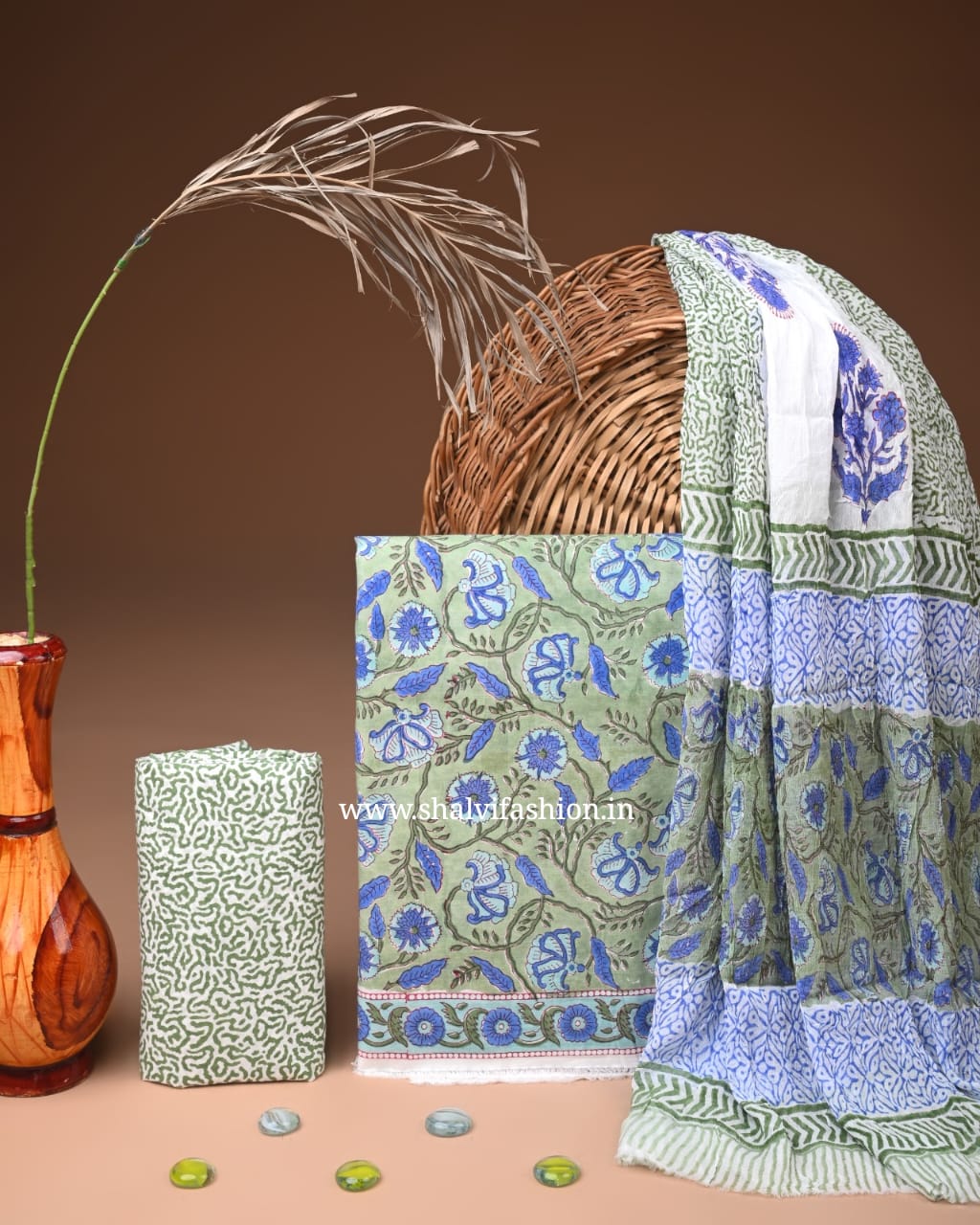 Shop unstitched block print cotton suits with chiffon dupatta (PCHF665)